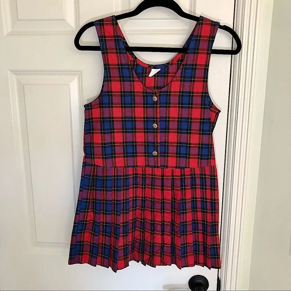 𝅺True Vintage red plaid‎ pleated school girl dress 12